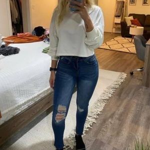 size 3, dark skinny, ripped jeans